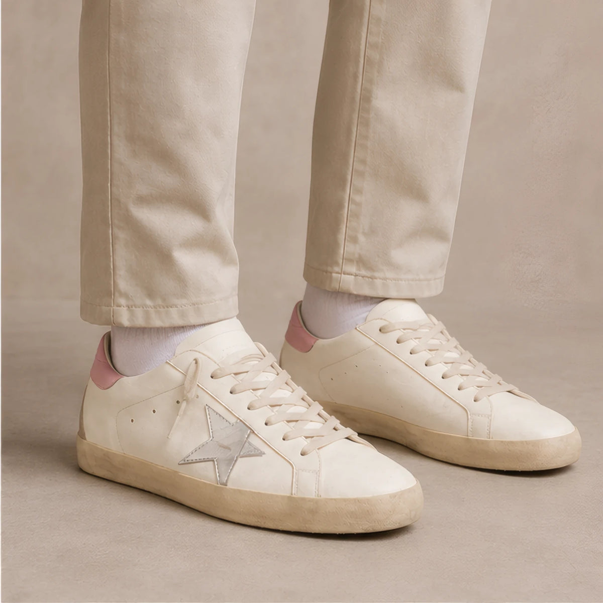 Volterra Distressed Leather Sneakers - White And Pink - Catalog Group: Footwear - Hendlys - Image 2