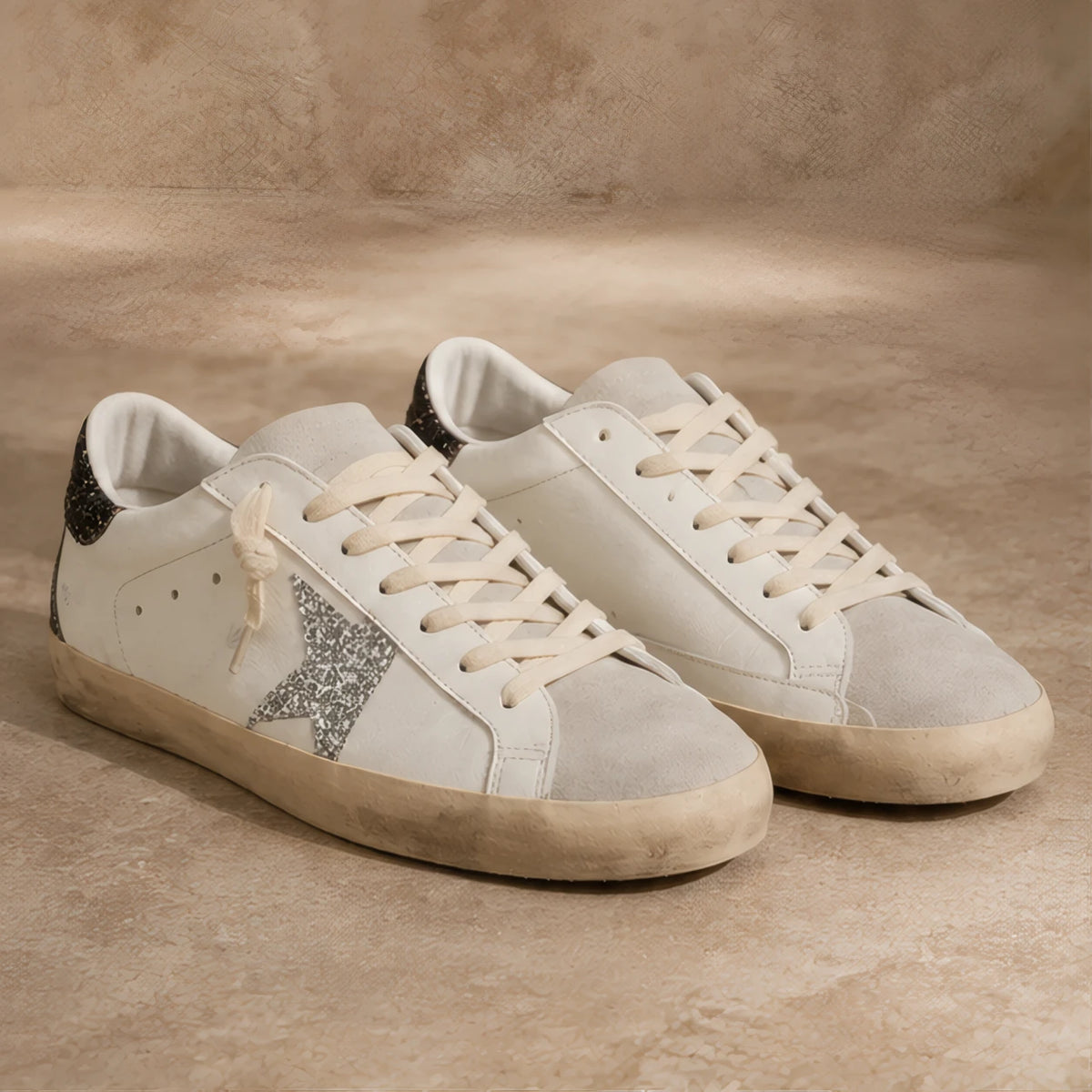 Volterra Distressed Leather Sneakers - White And Silver Glitter - Men's Footwear > Sneakers > Low-Top Sneakers - Hendlys - Image 1