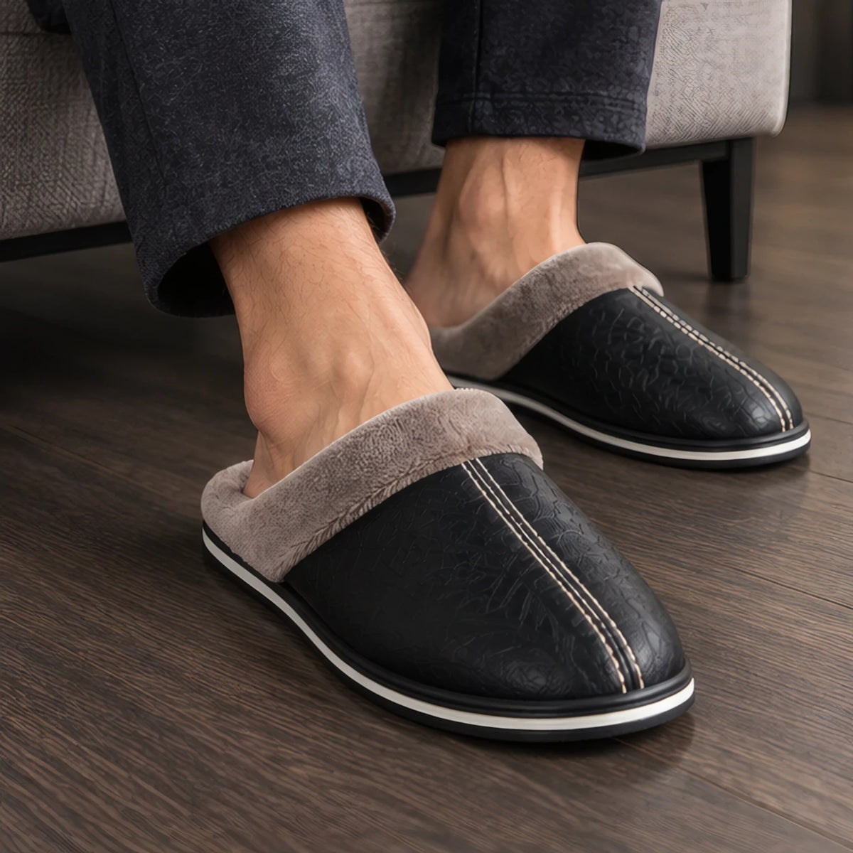 Walden Home Men's Leather Cushioned Slippers - Black - Shoes - Hendlys - Image 3