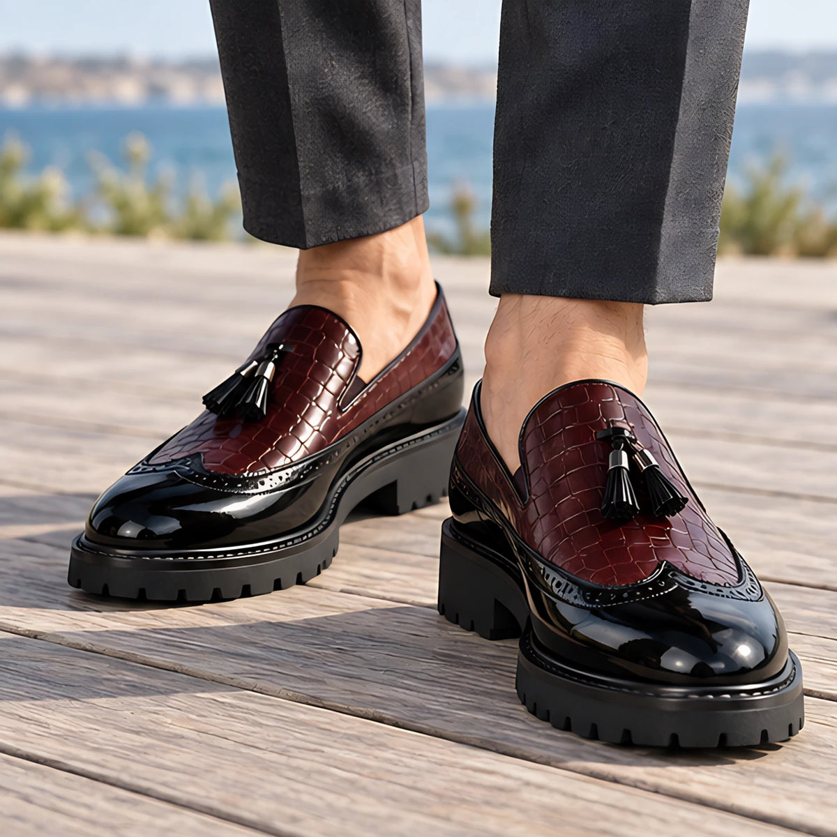 Wycombe Men's Croc-Embossed Tassel Loafers - Crimson Noir - Men's Footwear > Loafers > Tassel Loafers - Hendlys - Image 1