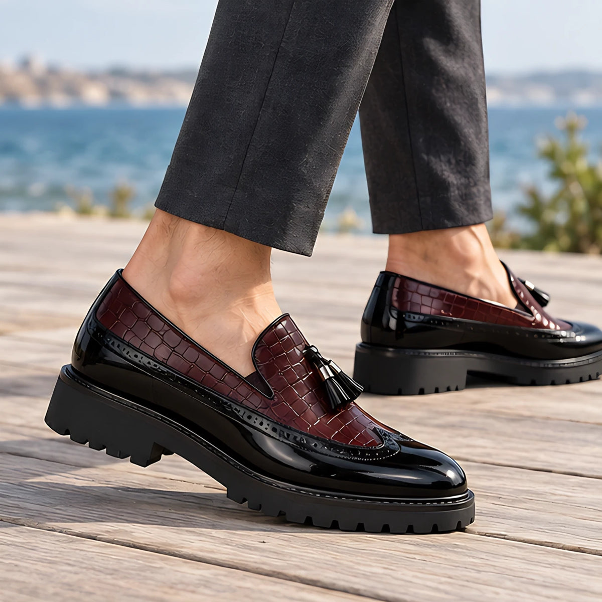 Wycombe Men's Croc-Embossed Tassel Loafers - Crimson Noir - Shoes - Hendlys - Image 2