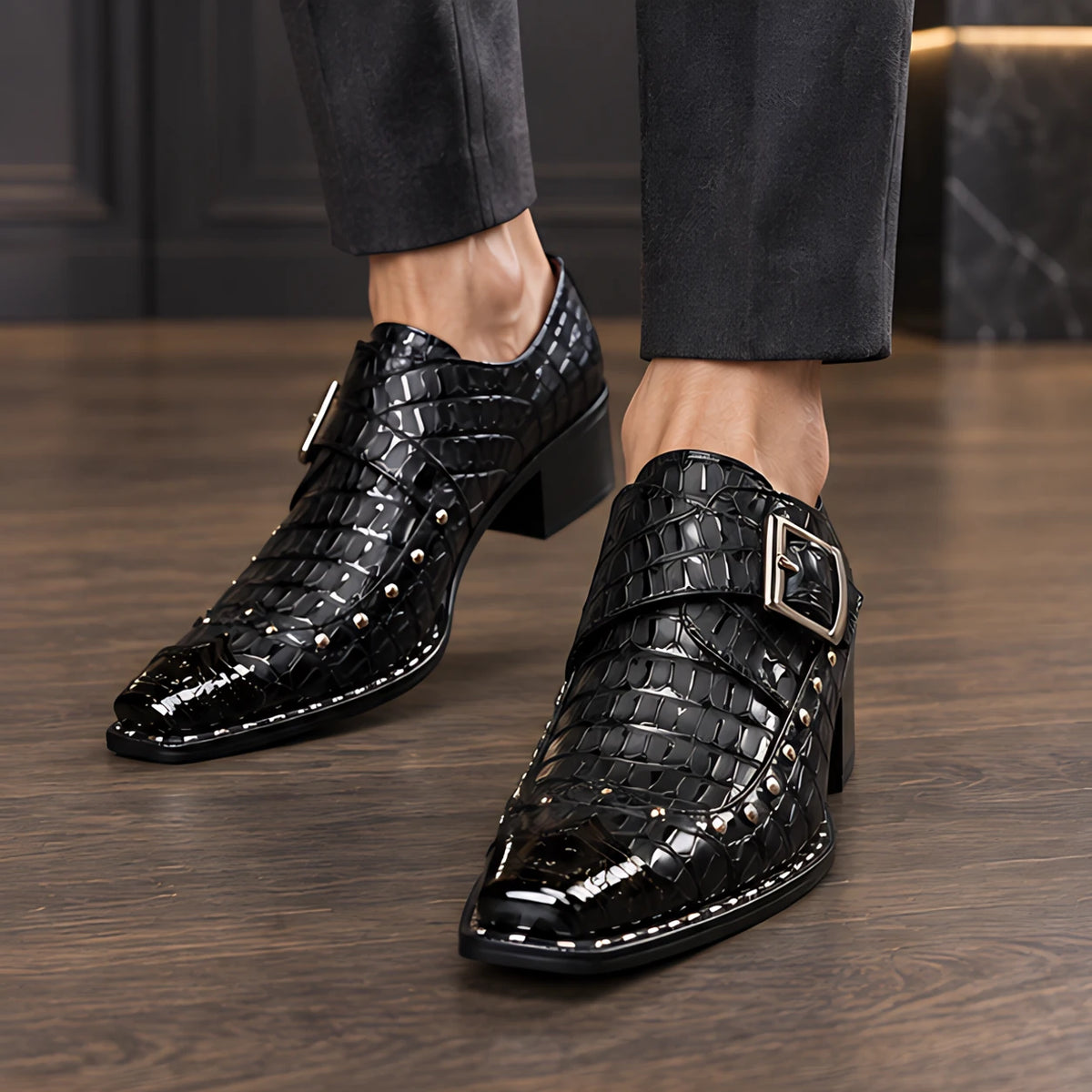 Wyndham Men's Croc-Embossed Monk Strap Shoes - Black - Men's Footwear > Dress Shoes > Monk Strap Shoes - Hendlys - Image 1