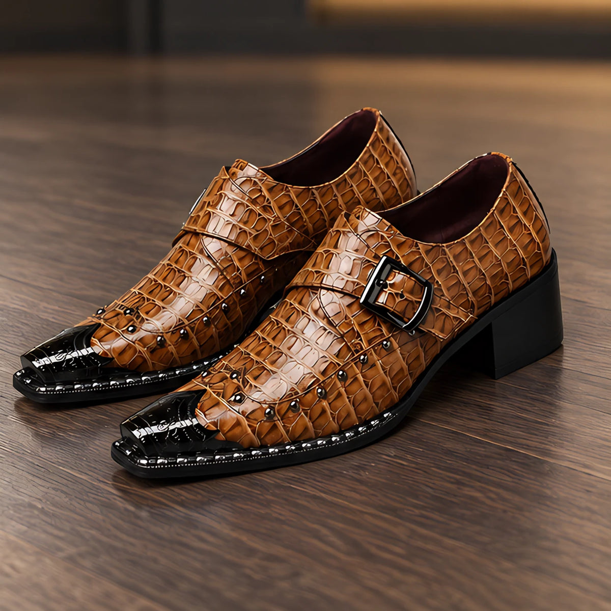 Wyndham Men's Croc-Embossed Monk Strap Shoes - Camel - male - Hendlys - Image 4