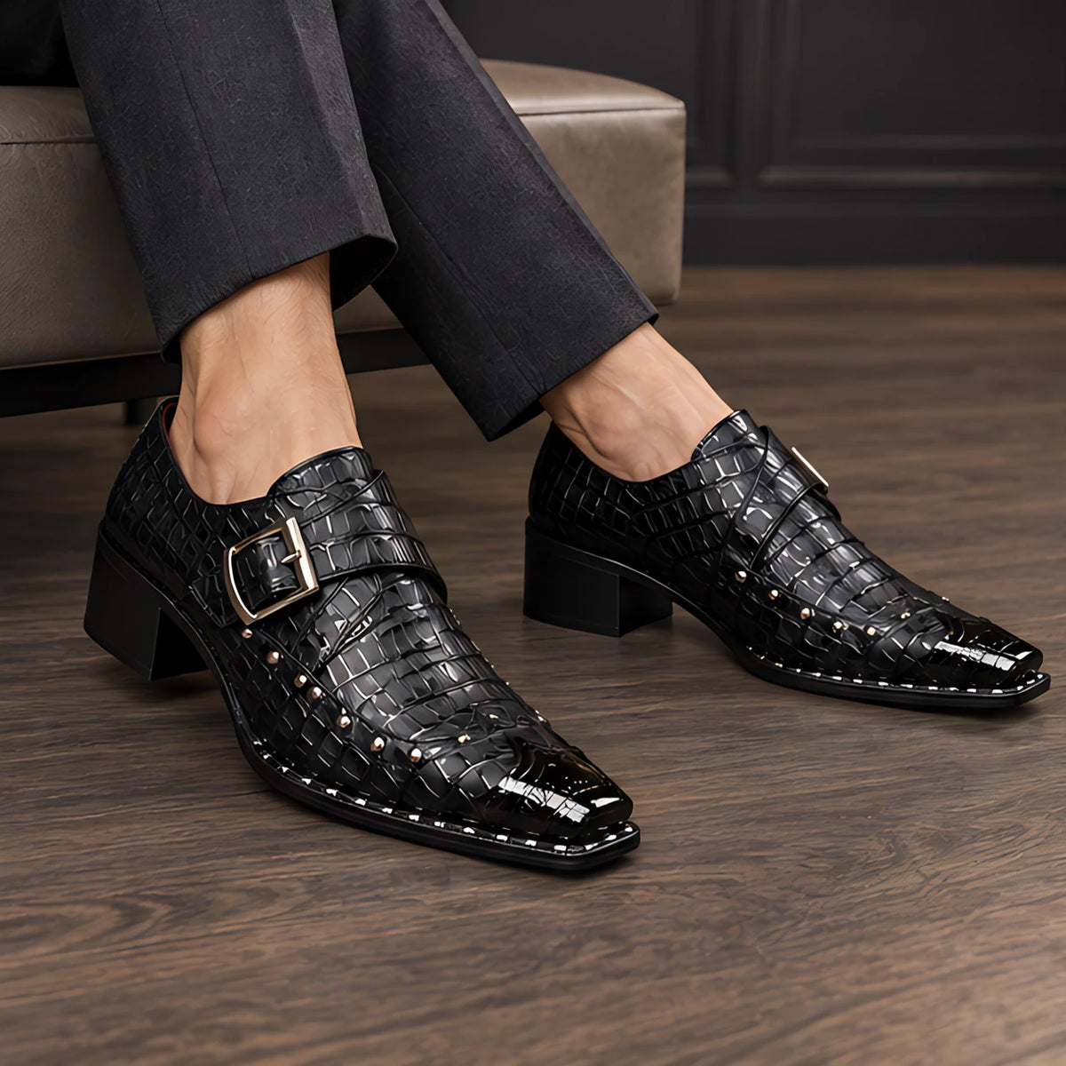 Wyndham Men's Croc-Embossed Monk Strap Shoes - Black - Men's Footwear > Dress Shoes > Monk Strap Shoes - Hendlys - Image 3