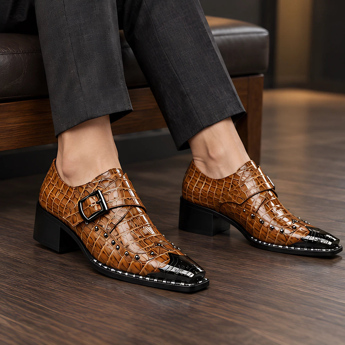 Wyndham Men's Croc-Embossed Monk Strap Shoes - Camel - Men's Footwear > Dress Shoes > Monk Strap Shoes - Hendlys - Image 3