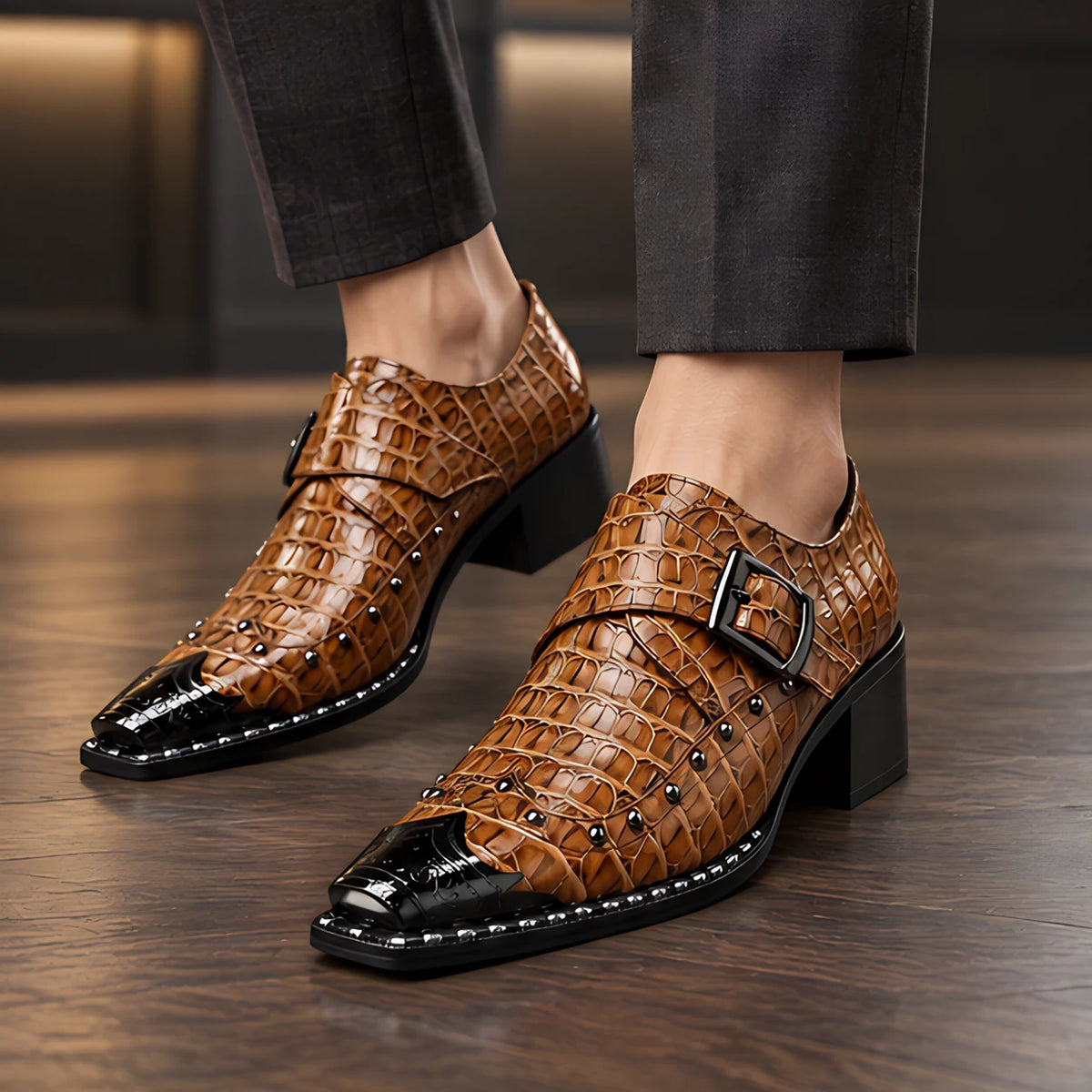 Wyndham Men's Croc-Embossed Monk Strap Shoes - Camel - Men's Footwear > Dress Shoes > Monk Strap Shoes - Hendlys - Image 1