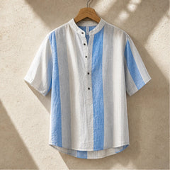 Santorina Striped Linen Henley Shirt - Blue - Shirt - Hendlys - Image 1