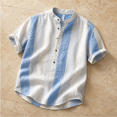 Santorina Striped Linen Henley Shirt - Blue - men's shirt - Hendlys - Image 2