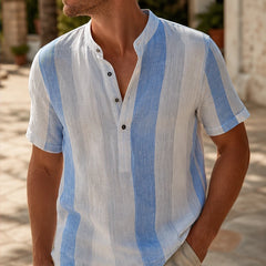 Santorina Striped Linen Henley Shirt - Blue - cotton linen - Hendlys - Image 5