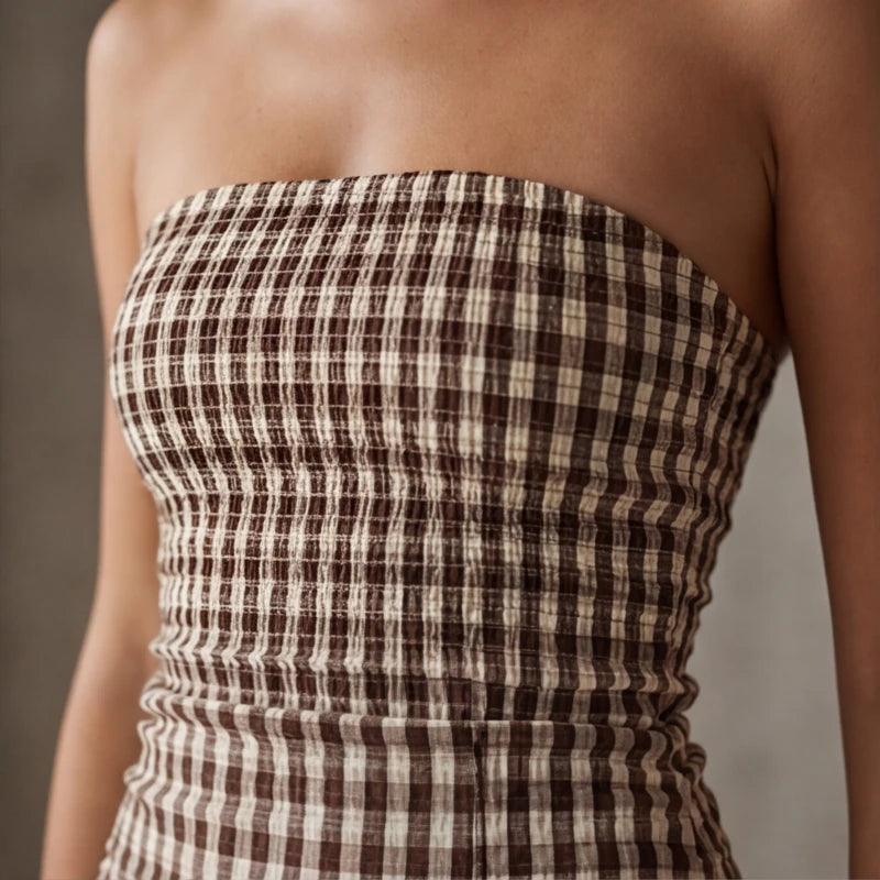 Grazania Strapless Dress - Brown Checkered - maxi dress - Hendlys - Image 4