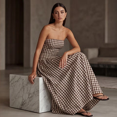 Grazania Strapless Dress - Brown Checkered - women's dress - Hendlys - Image 2