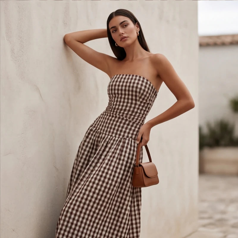 Grazania Strapless Dress - Brown Checkered - floor length - Hendlys - Image 6
