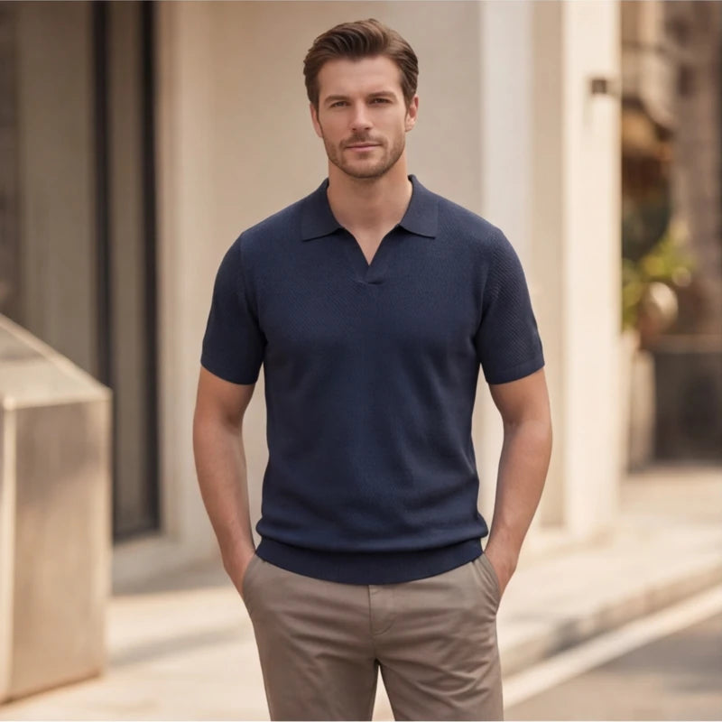 San Sebastian Knit Polo Shirt - Navy Blue - textured knit - Hendlys - Image 4